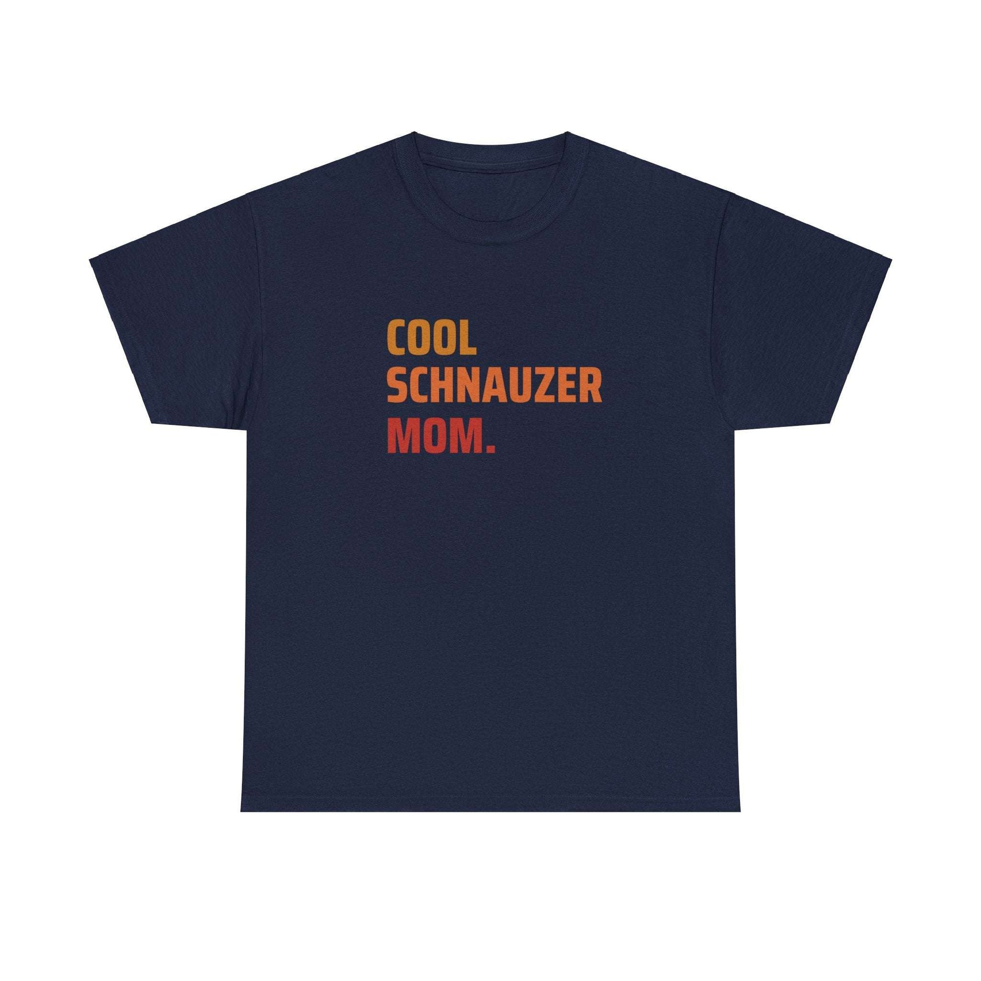 Fabulous Tee Shirts' 'Cool Schnauzer Mom' blue t-shirt displayed to emphasize its unique design and premium quality.