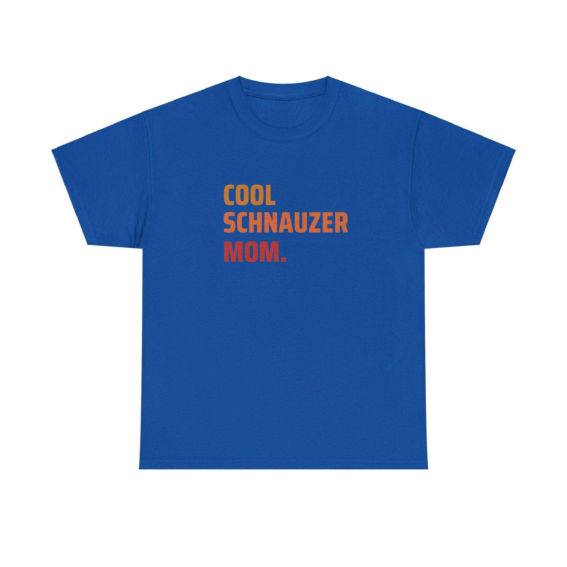 Fabulous Tee Shirts' 'Cool Schnauzer Mom' royal blue t-shirt displayed to emphasize its unique design and premium quality.