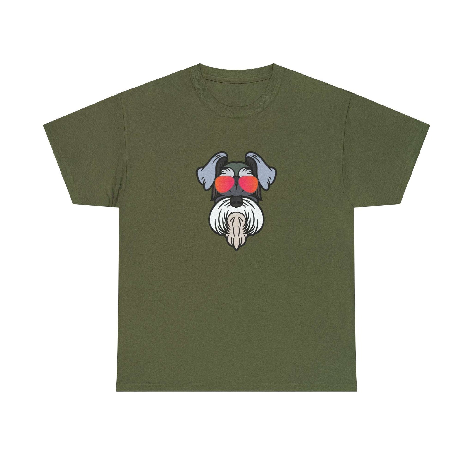 Fabulous Tee Shirts' 'Cool Schnauzer' olive t-shirt displayed to emphasize its superior quality.