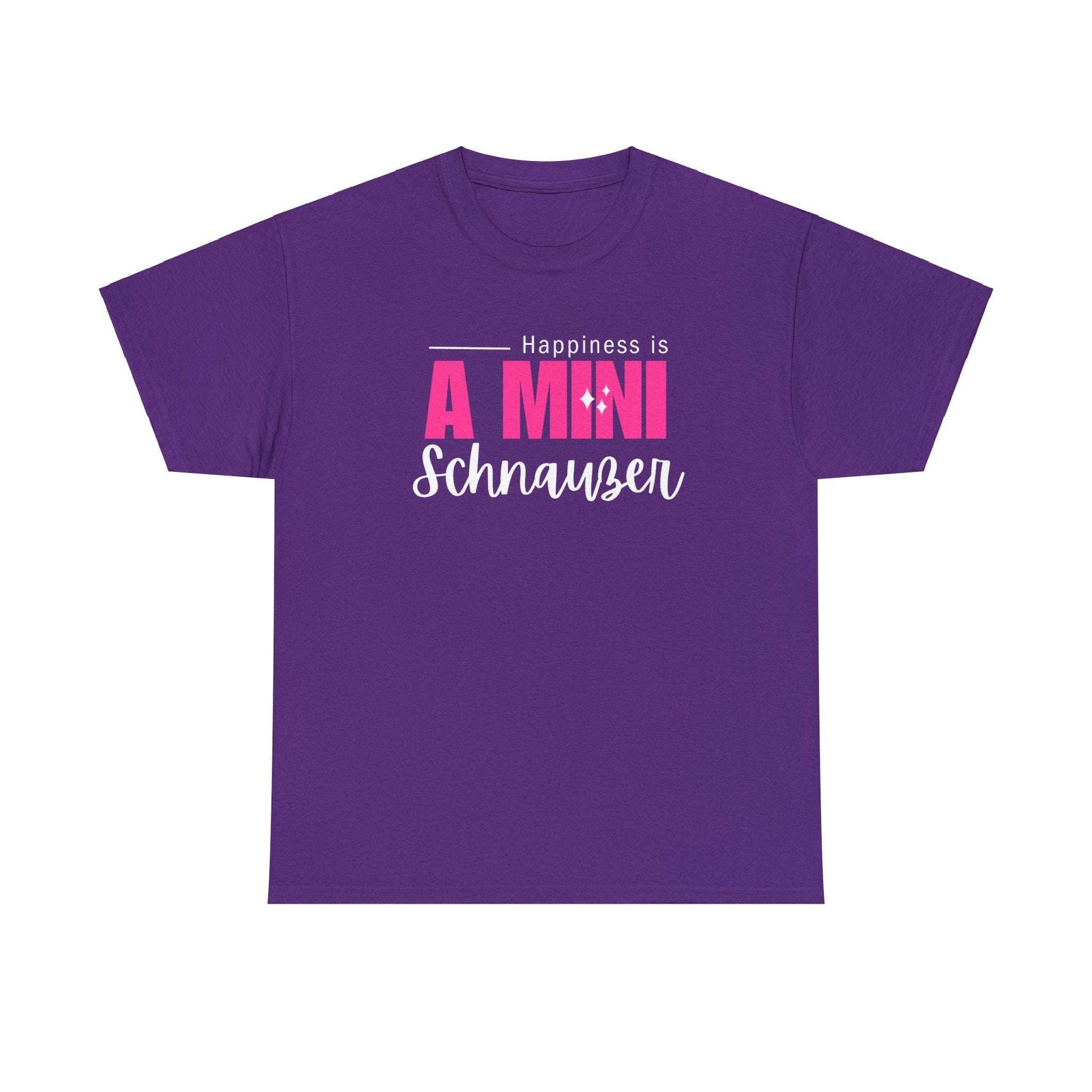 Fabulous Tee Shirts' 'Happiness Is A Mini Schnauzer' purple t-shirt displayed to emphasize its unique design and premium quality.