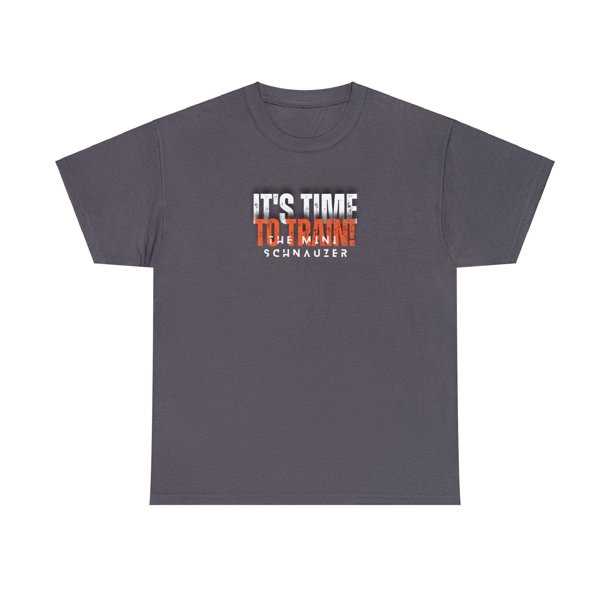 Fabulous Tee Shirts' 'Its Time To Train The Mini Schnauzer' grey t-shirt displayed to emphasize its unique design and premium quality.
