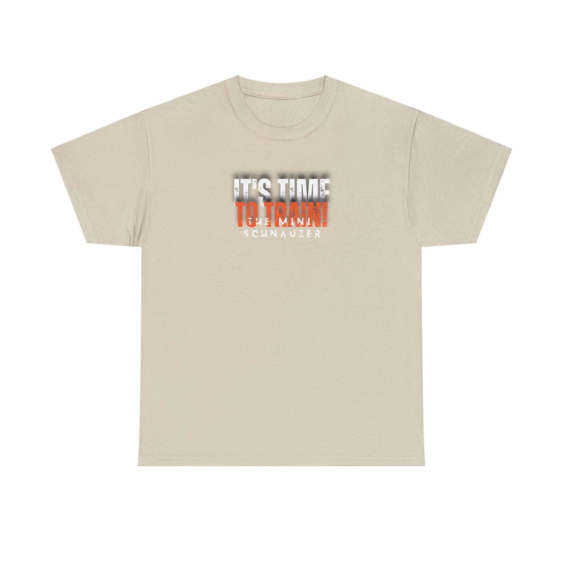 Fabulous Tee Shirts' 'Its Time To Train The Mini Schnauzer' tan t-shirt displayed to emphasize its unique design and premium quality.