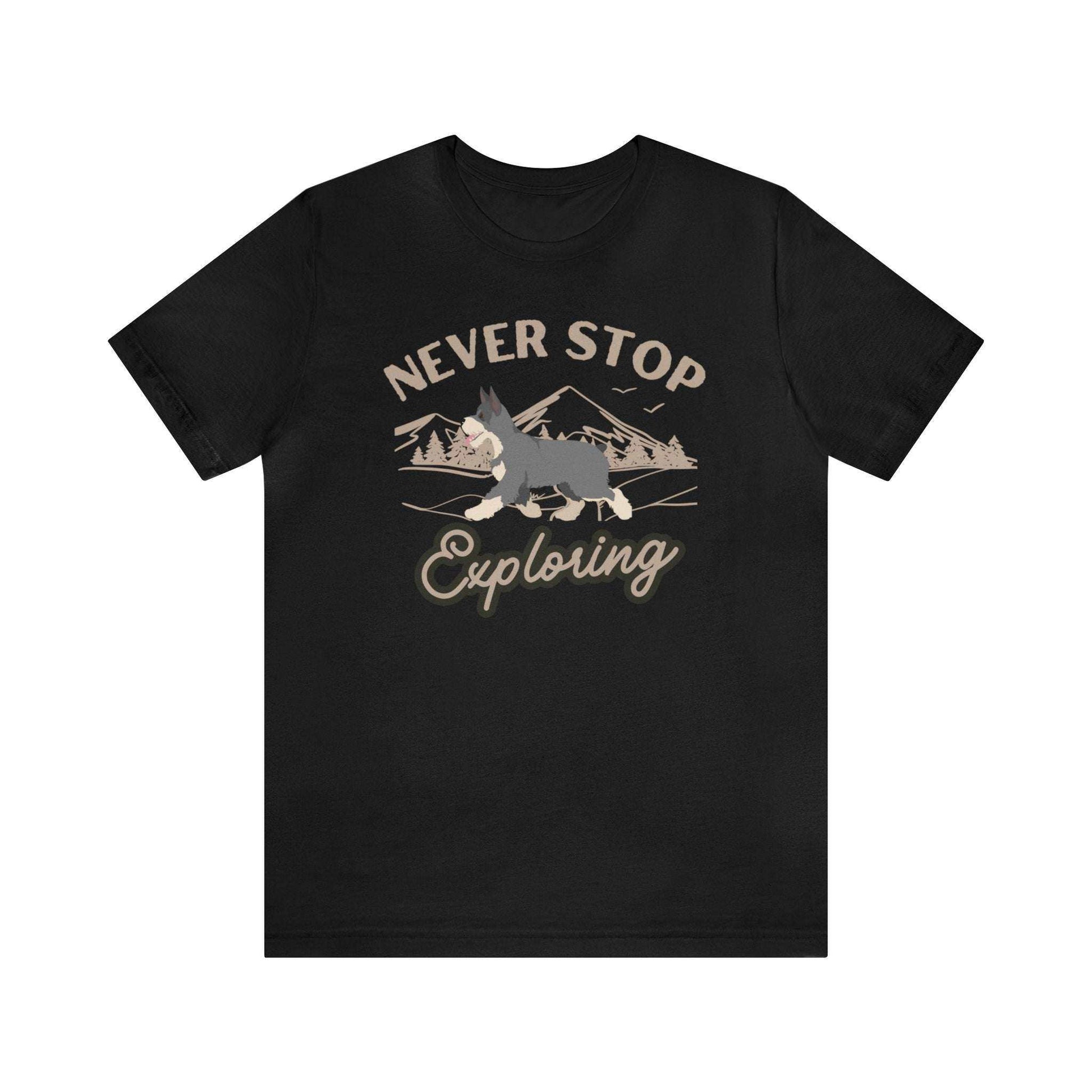 Fabulous Tee Shirts' ' Never Stop Exploring ' black t-shirt displayed to emphasize its inspirational message and superior quality.