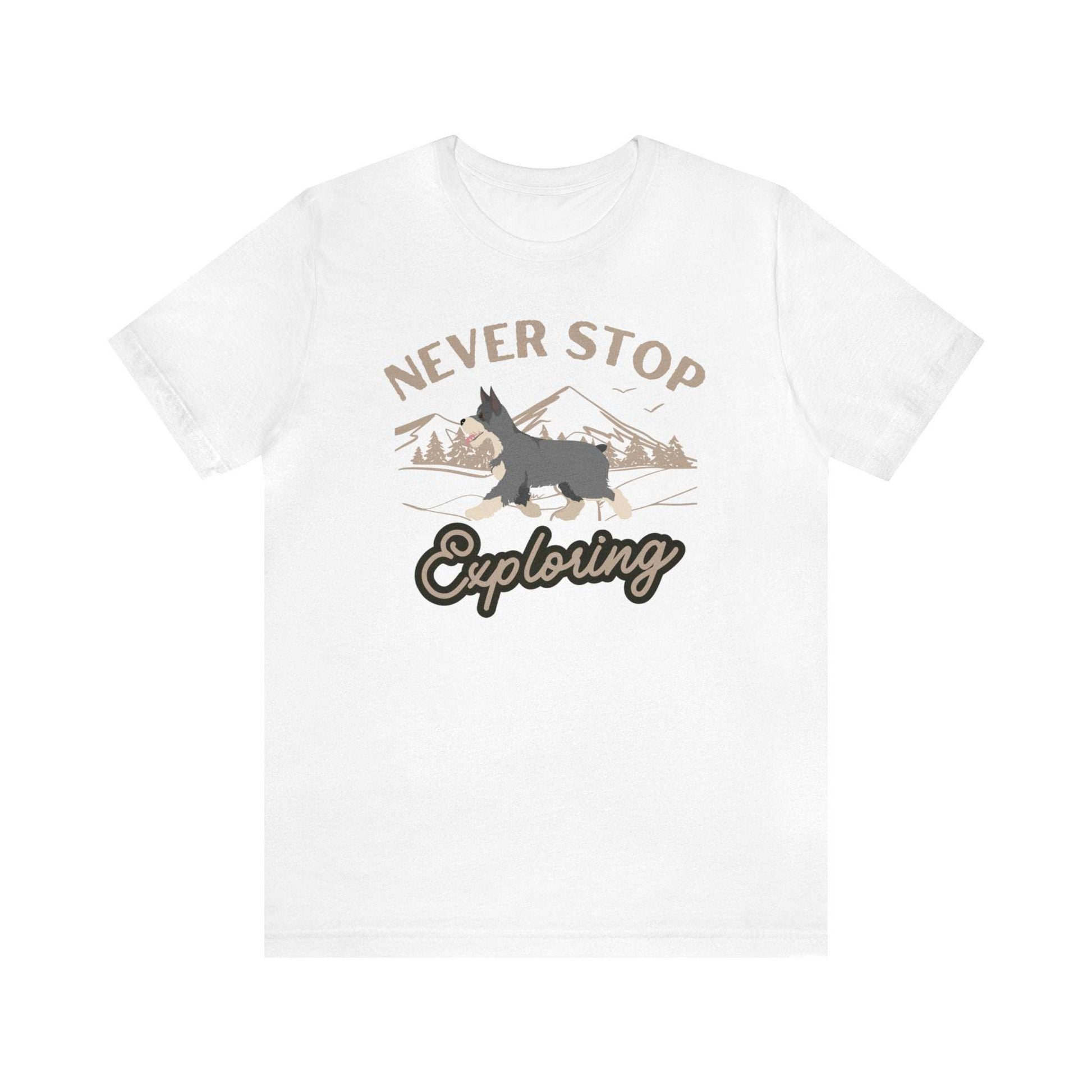 Fabulous Tee Shirts' ' Never Stop Exploring ' white t-shirt displayed to emphasize its inspirational message and superior quality.