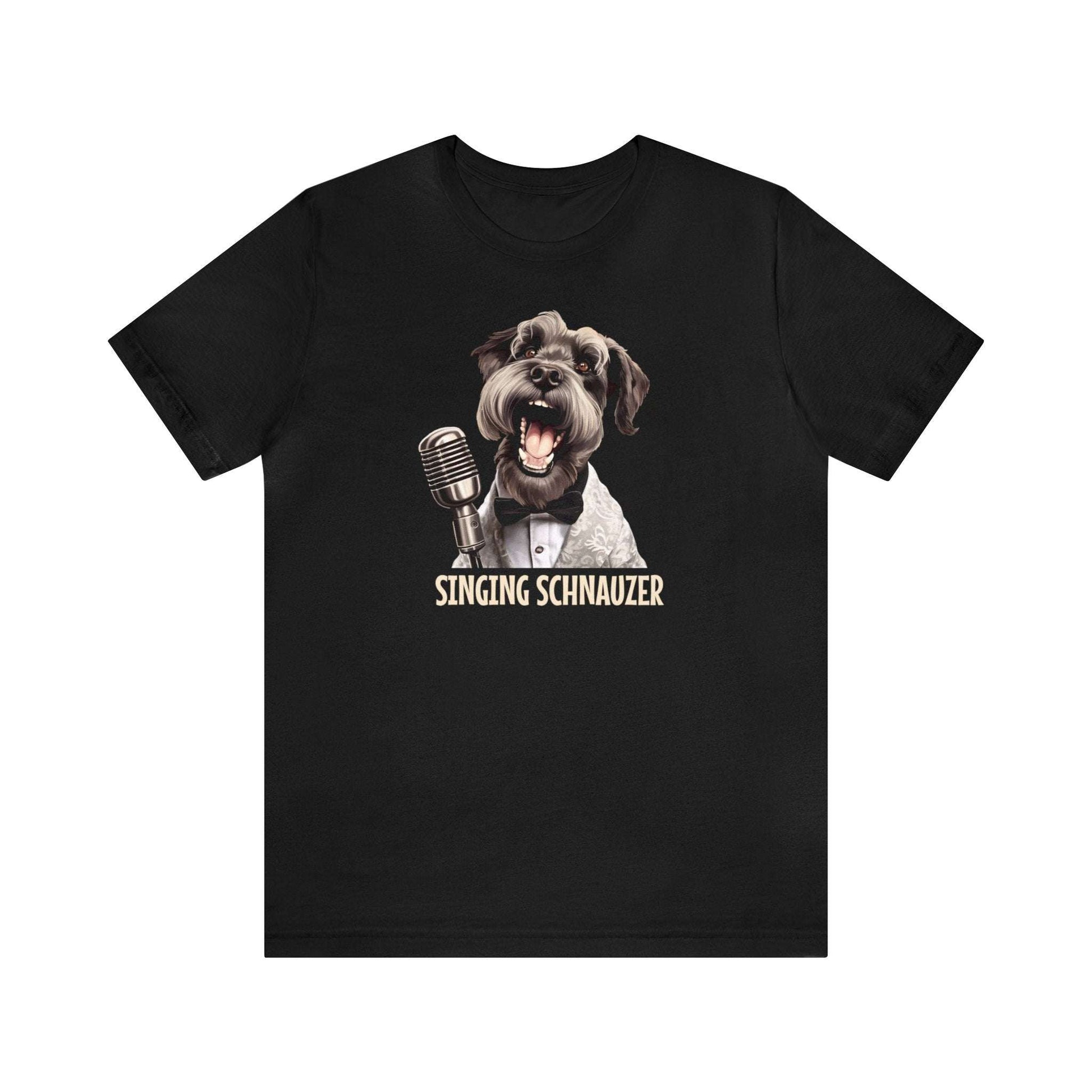 Fabulous Tee Shirts' 'Singing Schnauzer' black t-shirt displayed to emphasize its superior quality.