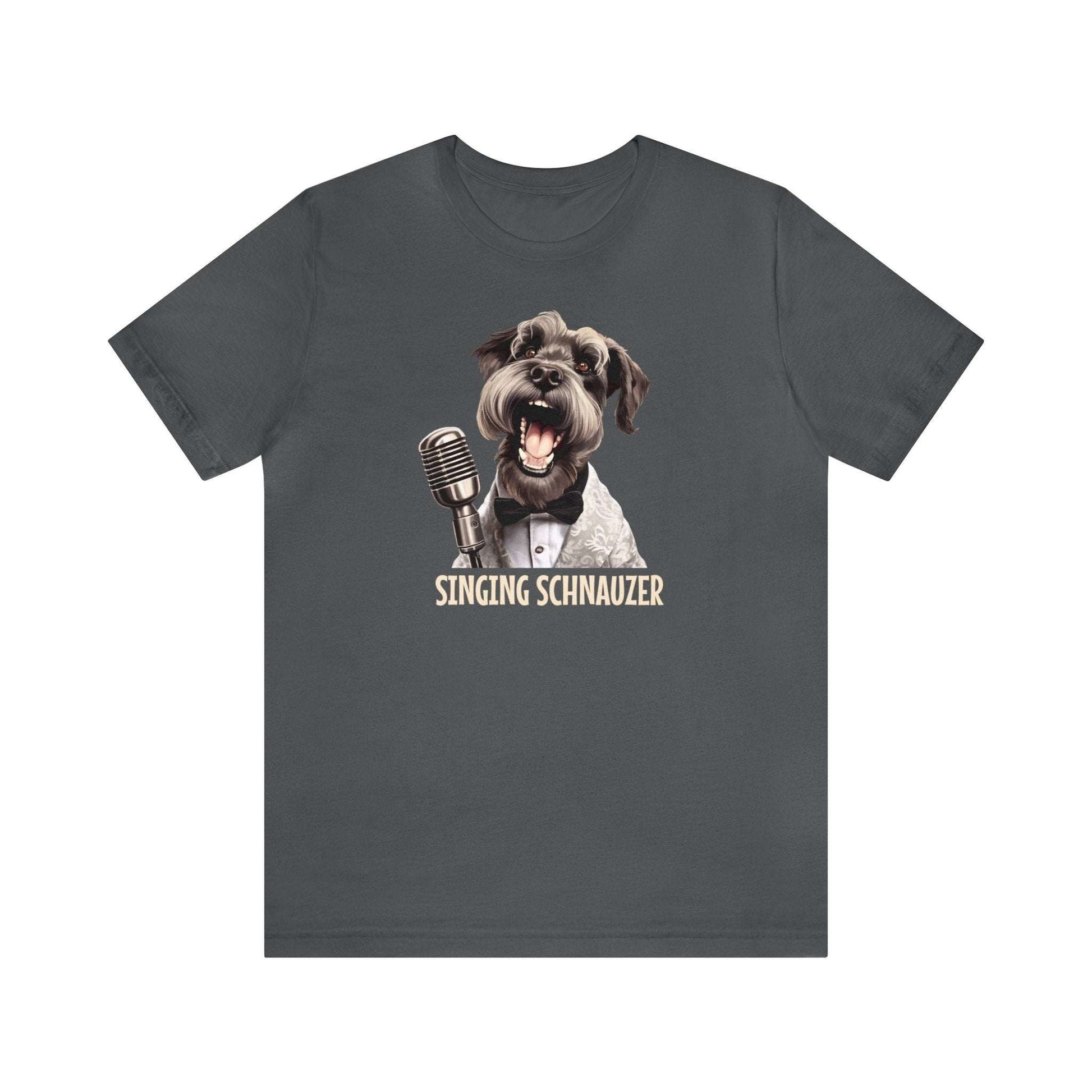 Fabulous Tee Shirts' 'Singing Schnauzer' grey t-shirt displayed to emphasize its superior quality.