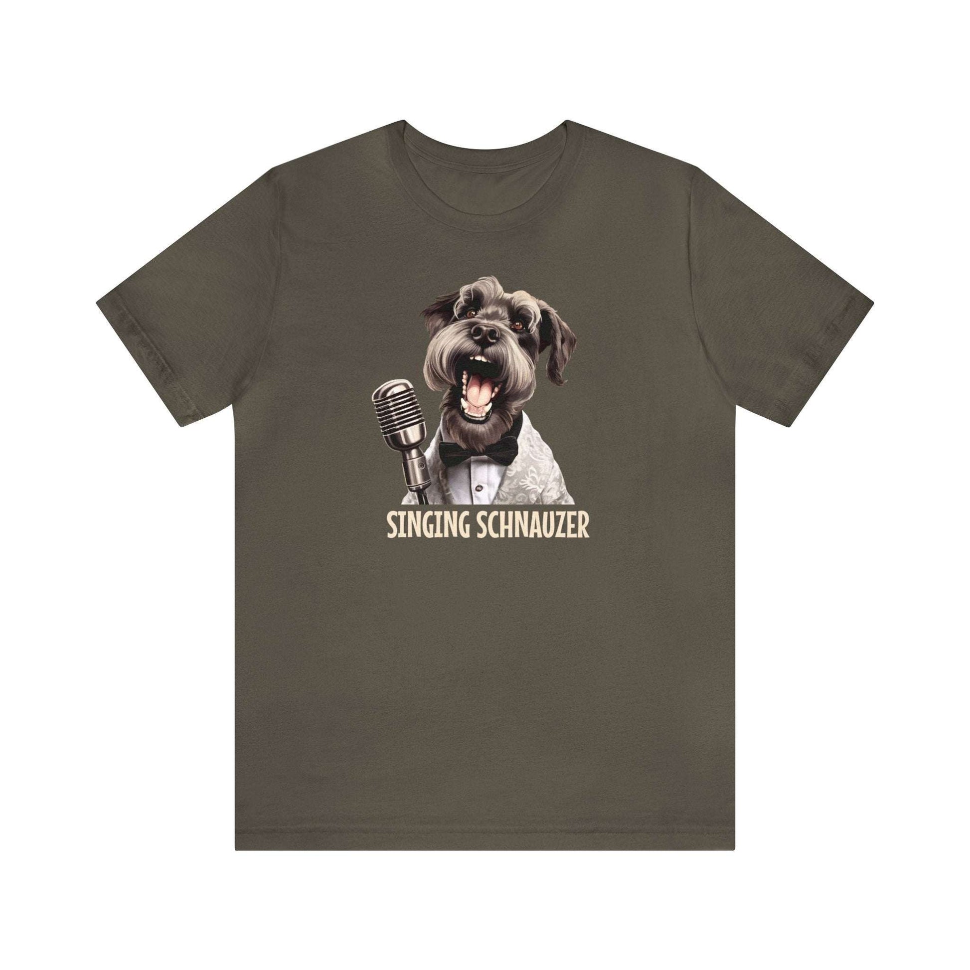 Fabulous Tee Shirts' 'Singing Schnauzer' olive t-shirt displayed to emphasize its superior quality.