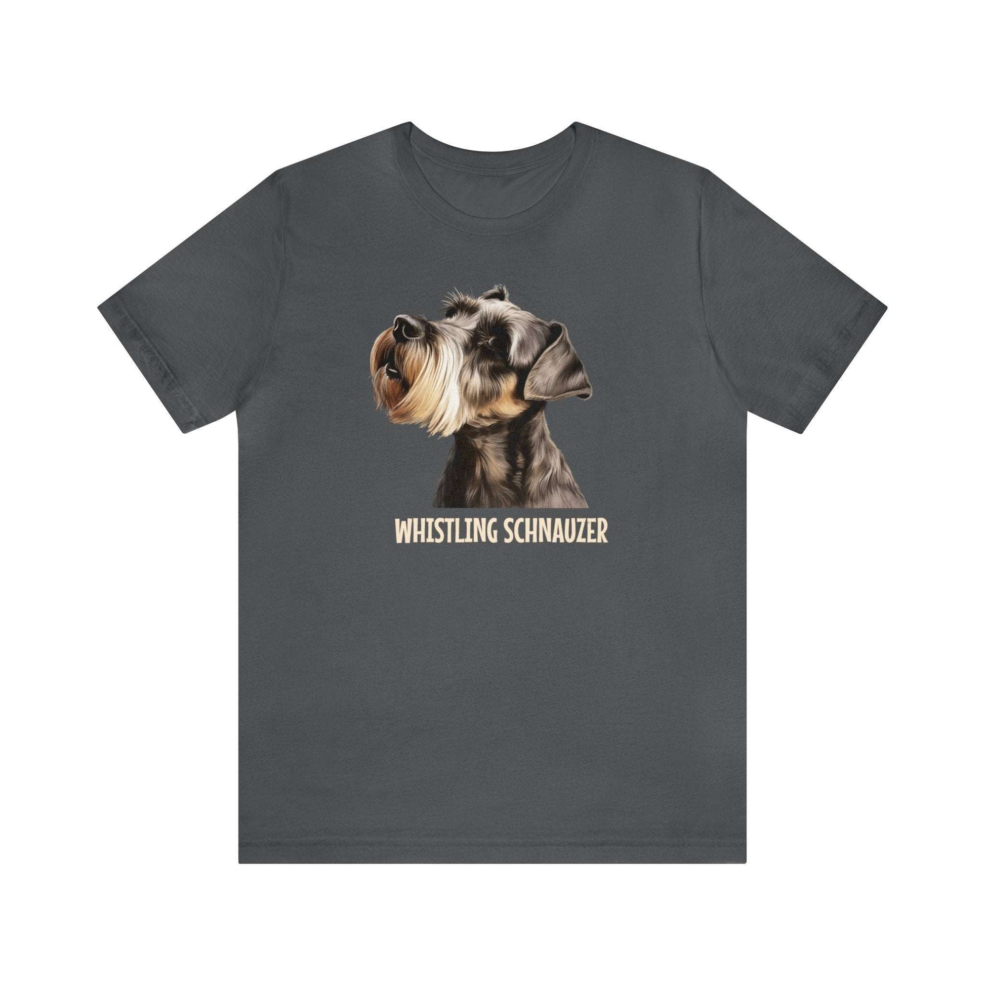 Fabulous Tee Shirts' grey 'Whistling Schnauzer'  t-shirt displayed to emphasize its unique design and premium quality.